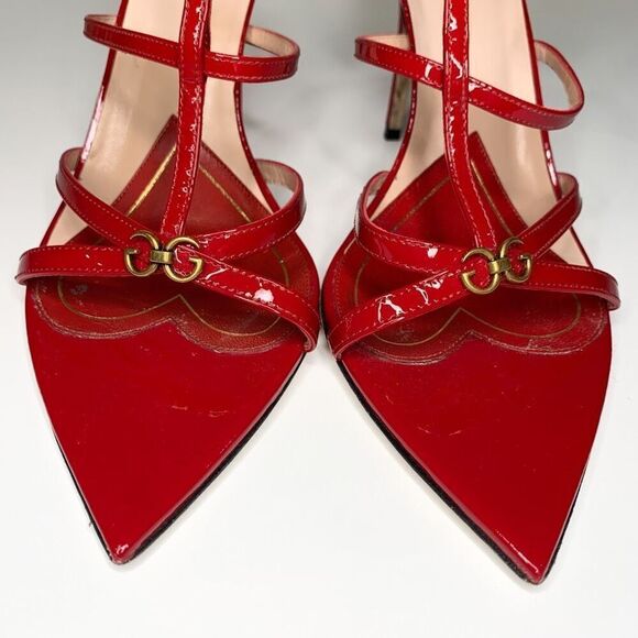Gucci Double G Patent Leather High Heel Sandals EU 39.5 US 9.5 Strappy Red Pumps - Picture 3 of 9